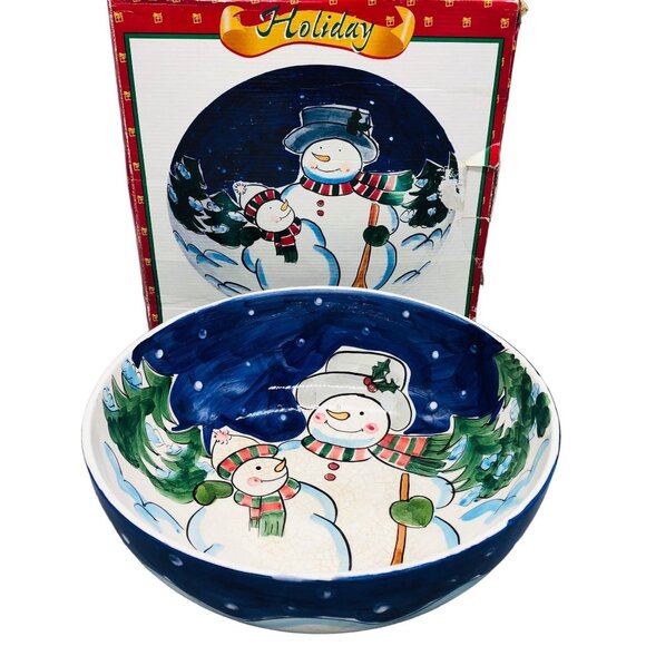 Holiday Ceramic Serving Bowl Snowmen World Bazar Christmas 12" Width READ - Picture 1 of 8